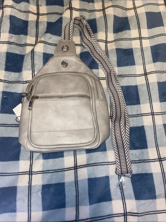 Bostanten Handbags - Light Gray Faux-Leather Sling Backpack with Patterned Strap